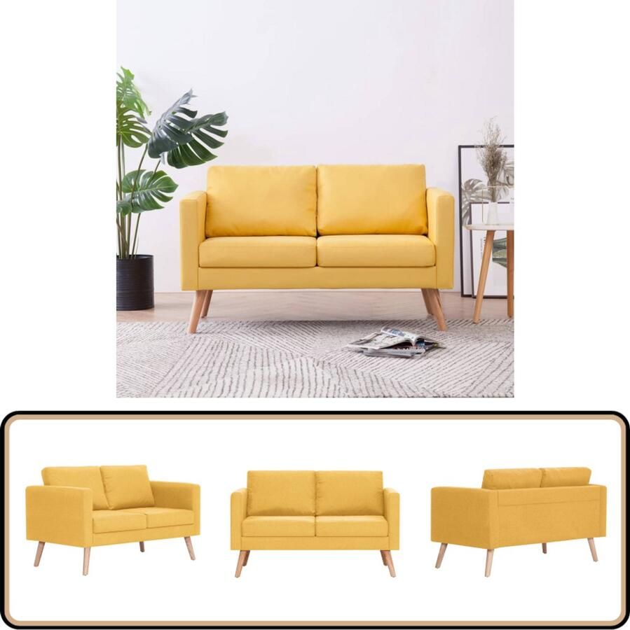 VidaXL Tweezitsbank Geel Houten frame en stof Tweezitsbank Stoffen Bank Gele Bank Banks Kopen Salon Meubilair
