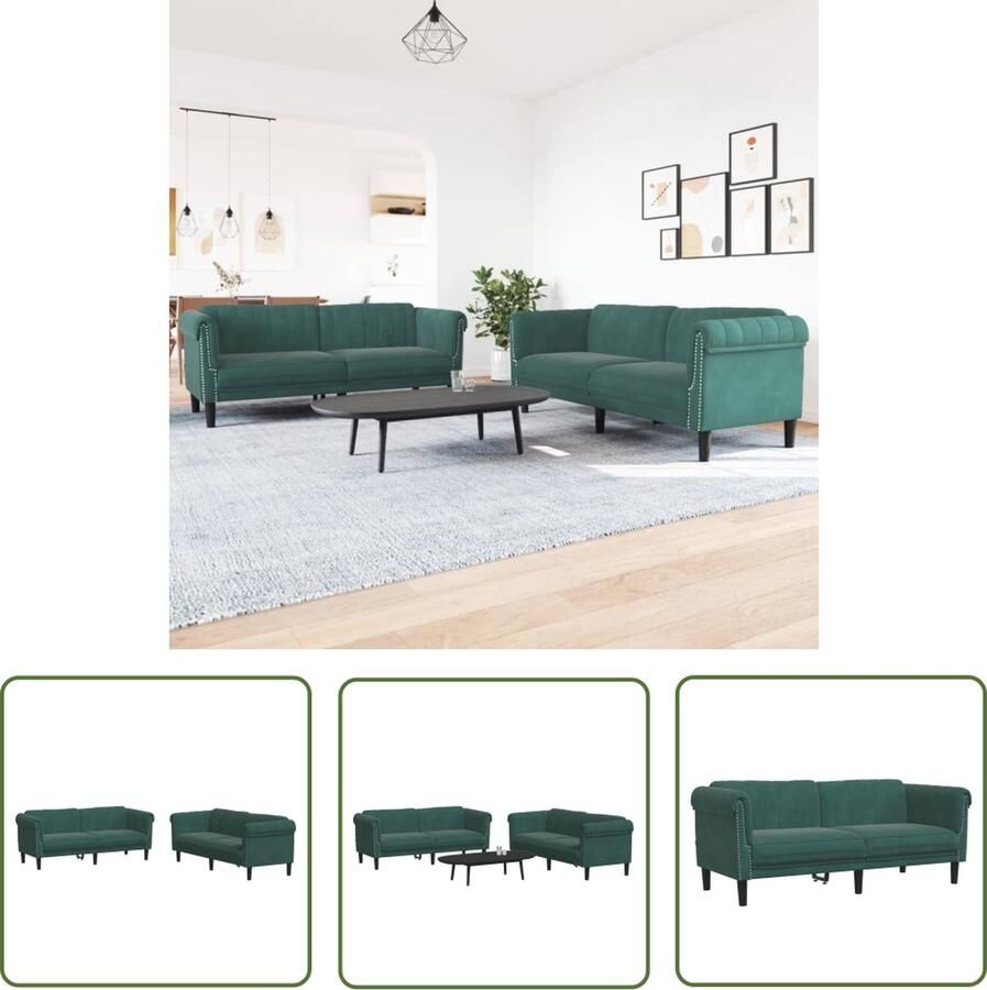 The Living Store 2-delige Loungeset fluweel donkergroen Loungebank Tweezitsbank Driezitsbank Velvet Sofa Groene Bank
