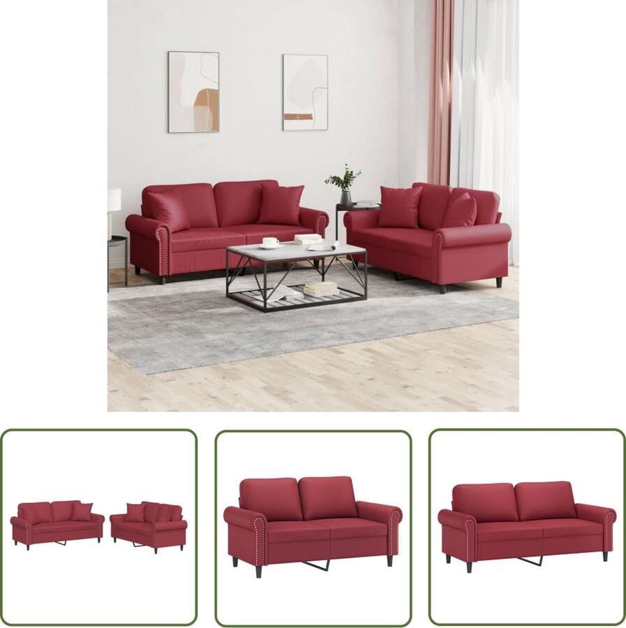 The Living Store 2-delige Loungeset met kussens kunstleer wijnrood Loungeset Tweezitsbank Kunstleder Sofa Rode Bank Comfortabele Bank