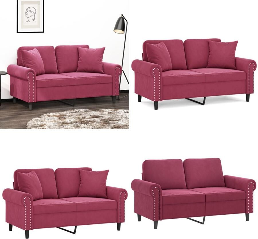 VidaXL Tweezitsbank met sierkussens 120 cm fluweel wijnrood Tweezitsbank Tweezitsbanken Bank Sofa