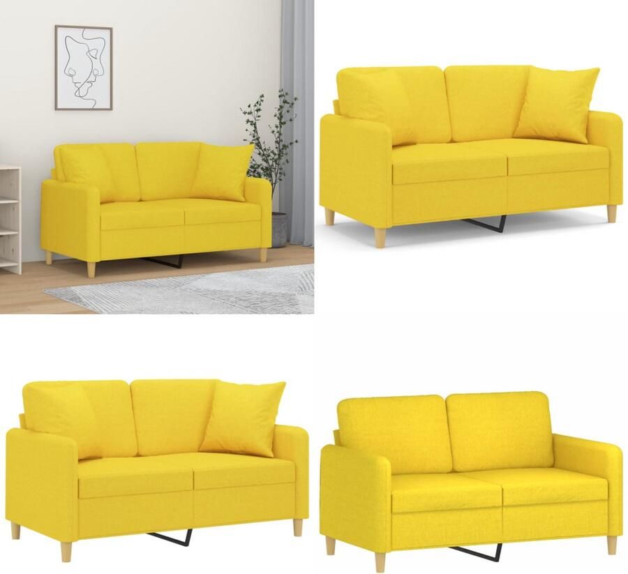 VidaXL Tweezitsbank met sierkussens 120 cm stof lichtgeel Tweezitsbank Tweezitsbanken 2-zitsbank Bank