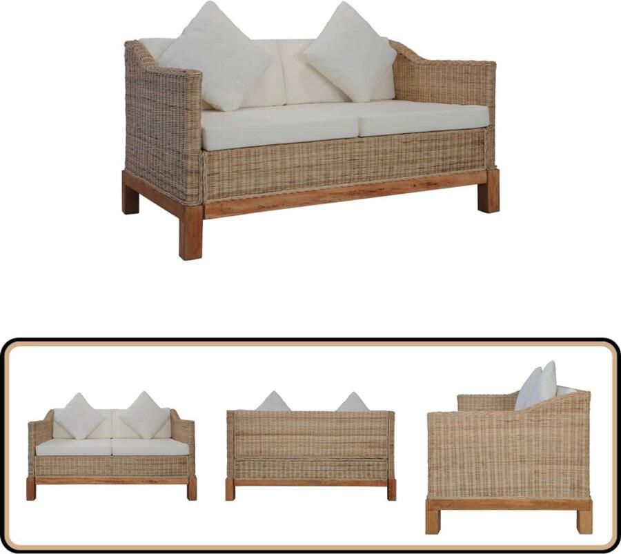 VidaXL Tweezitsbank Natuurlijk Rattan Inclusief Kussens Tweezitsbank Rattan Bank Interieur Lounge Meubilair Woonkamer Meubels