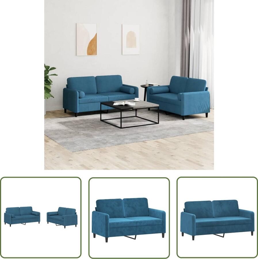 The Living Store 2-delige Loungeset met kussens fluweel blauw Loungebank Tweezitter Bankstel Velvet Sofa Blauwe Bank