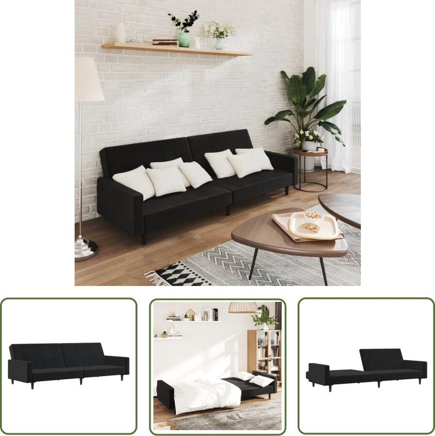 The Living Store Slaapbank 2-zits fluweel zwart 220 x 84.5 x 69 cm 2-in-1 functie Slaapbank Tweezitter Sofa Bed Zwarte Bank Fluweelbank
