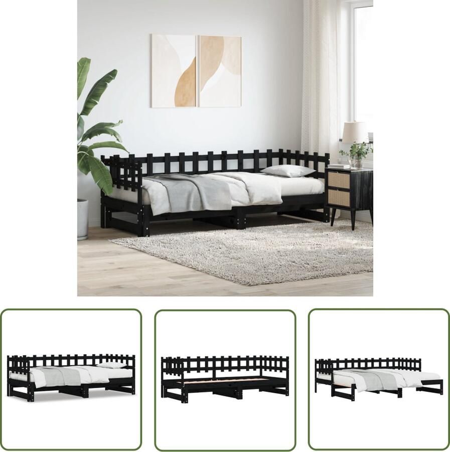 The Living Store Massief Grenenhouten Uitschuifbare Slaapbank 203.5 x 160 x 68.5 cm Zwart Slaapbank Uitschuifbaar Bed Grenenhout Meubels Design Bed Multifunctioneel Meubel