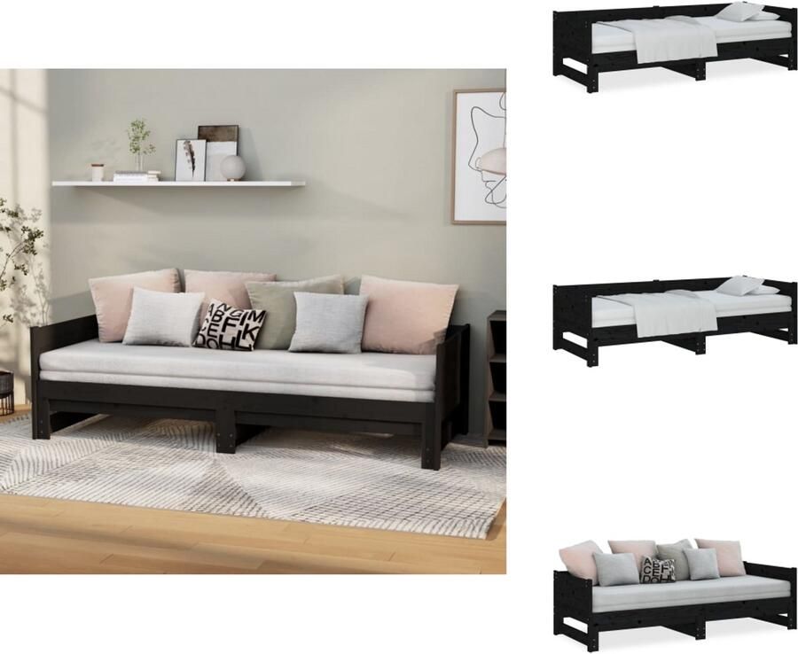 VidaXL Uitschuifbare Slaapbank Uitschuifbare Slaapbanken Bedbank Bed Slaapbank uitschuifbaar massief grenenhout zwart 2x(80x200) cm - Foto 2