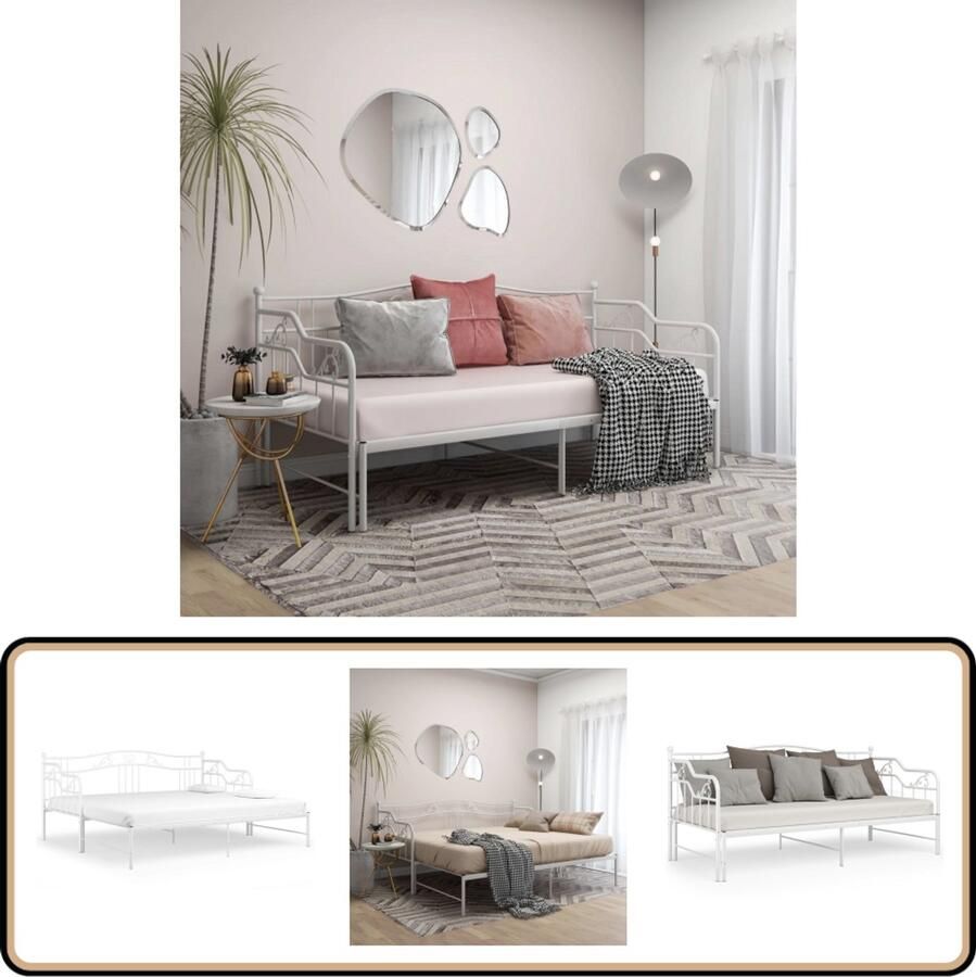 VidaXL Uittrekbaar Slaapbankframe Wit 90x200 cm Slaapbank Logeerbed Metalen Frame Witte Slaapbank Compacte Slaapbank Multifunctioneel Meubilair Kleinschalige Woning