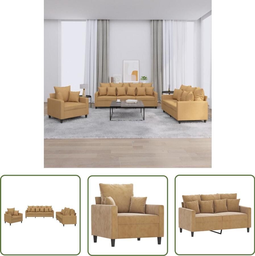 The Living Store 3-delige Loungeset met kussens fluweel bruin Lounge Meubels Velours Bank 3 Persoons Bank Bruine Bank Salontafel