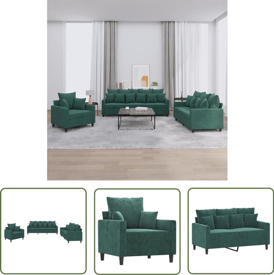 VidaXL Velours Bank Loungebank 3-delige Loungeset met kussens fluweel donkergroen Donkere Bank Lounge Set Buitenbank