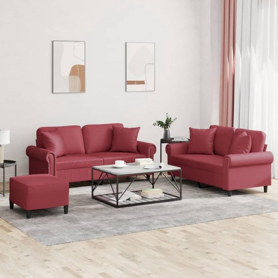 VidaXL Loungeset 3-delig kunstleer wijnrood Loungebank Zitzitting Fauteuils Salonmeubel Rood Meubilair