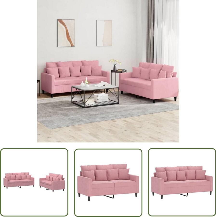 VidaXL Velours Bank Loungeset 2-delige Loungeset met kussens fluweel roze Rozerode Bank 2 Persoons Bank Salon Meubilair