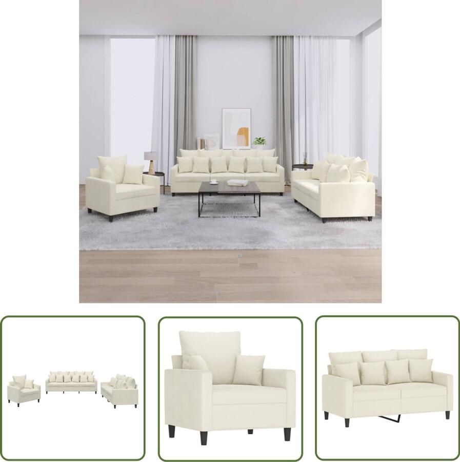 The Living Store 3-delige Loungeset met kussens fluweel crèmekleurig Loungeset Velours Bank Fauteuils Bankstel Salon Meubilair