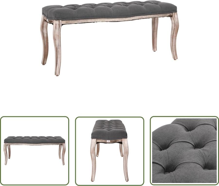 The Living Store Gewatteerde Bank 48 cm Donkergrijs Linnen Massief Hout 110 x 38 cm Luxe Bank Velours Bank Stoffen Bank Klassieke Bank Grijs - Foto 2