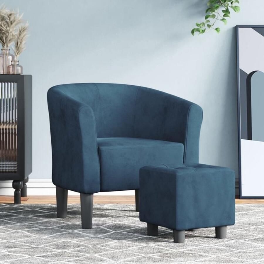 VidaXL Velours Kuipstoel met voetenbank fluweel donkerblauw Donkere Kleuren Lounge Stoel Relaxfauteuil - Foto 3