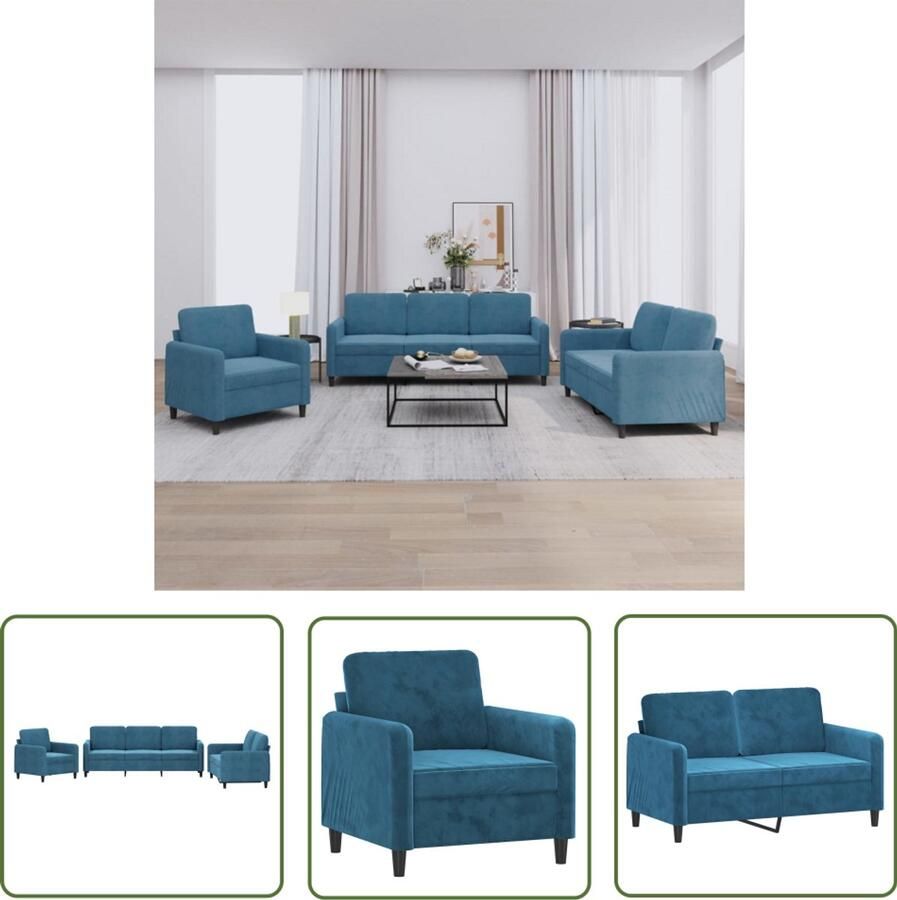 VidaXL Velours Loungeset 3-delige Loungeset fluweel blauw Blauwe Sofa Salonset Fauteuils