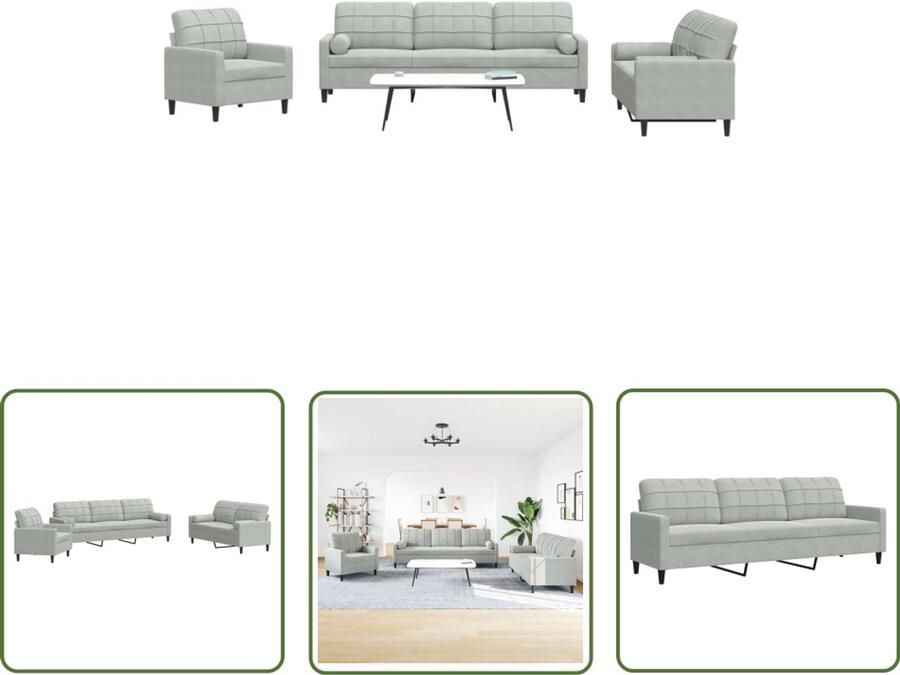 The Living Store 3-delige Loungeset met kussens en bolsters fluweel lichtgrijs Loungeset Velours Licht Grijs Bankstel Fauteuils