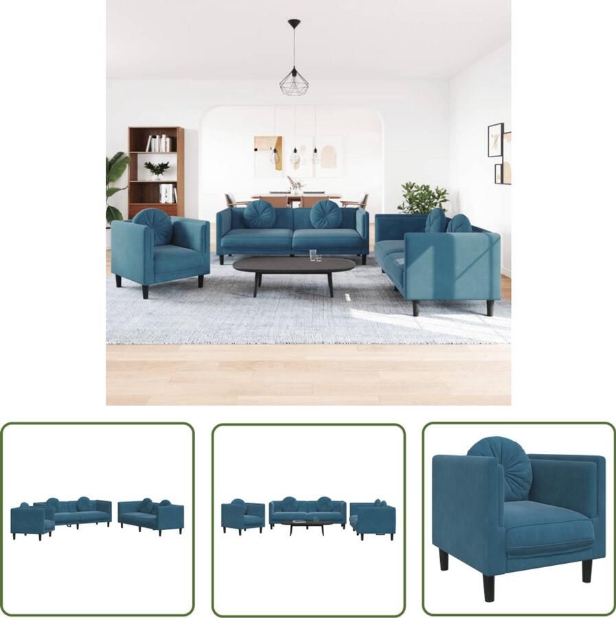 VidaXL Velours Loungeset 3-delige Loungeset met kussens fluweel blauw Blauwe Lounge Salonset Fauteuils