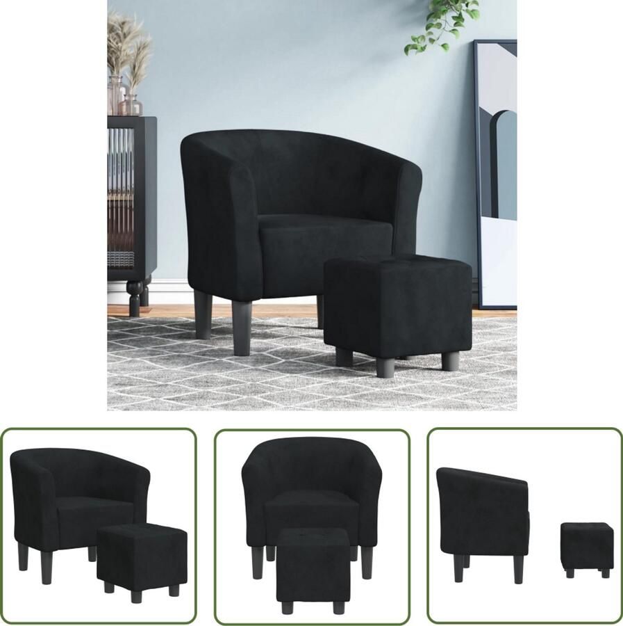 The Living Store Kuipstoel met voetenbank fluweel zwart Kuipstoel Fauteuils Lounge Stoel Velours Stoel Zwarte Stoel