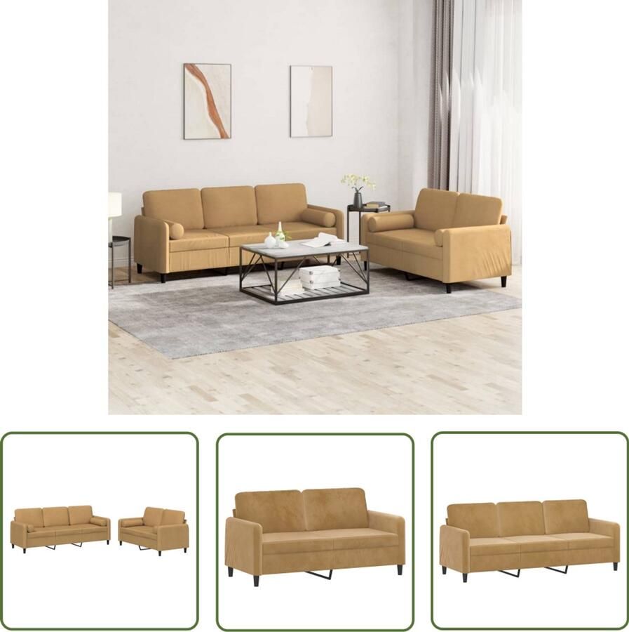 The Living Store Loungebank Velvet 2-zits en 3-zits Bruin fluweel met rolkussens Loungeset Velvet Bank Bruine Bank 2 Persoons Bank 3 Persoons Bank