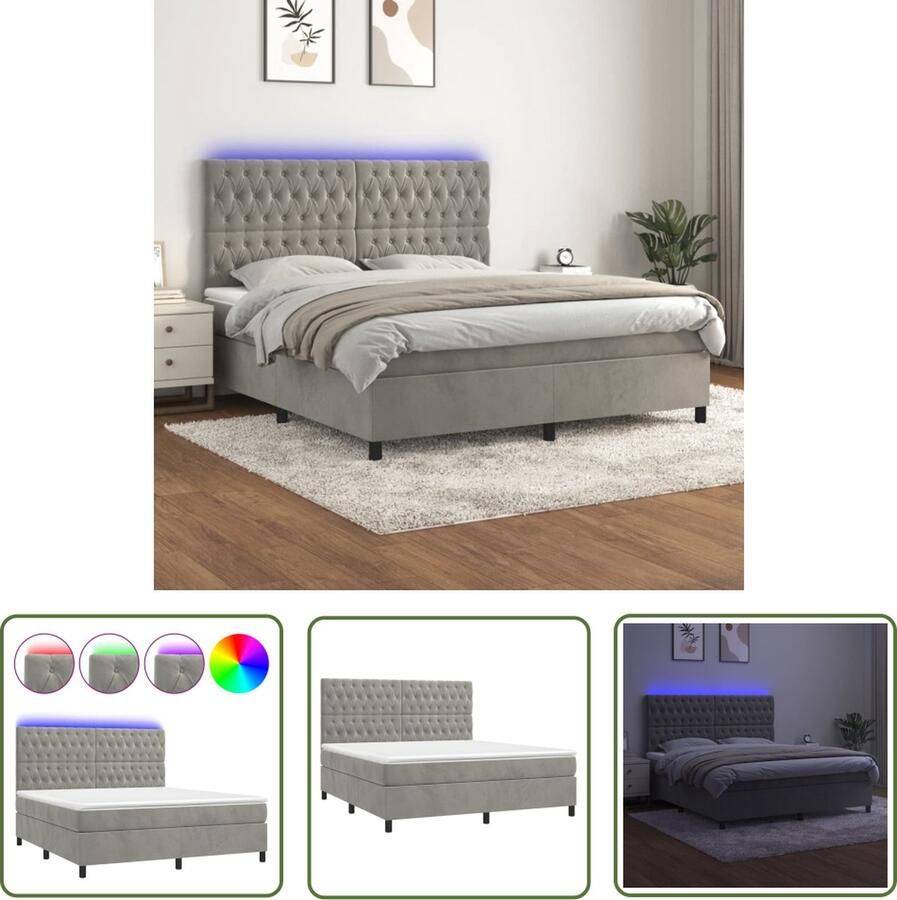 The Living Store Boxspring met matras en LED fluweel lichtgrijs 180x200 cm Boxspring Bed Velvet Bed Led Bed Queen Size Bed Grijs Bed