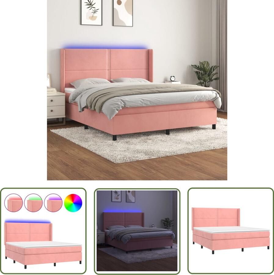 The Living Store Boxspring Bed Fluweel LED Pocketvering 180 x 200 Roze Boxspring Bed Velvet Bed Led Bed Pocketed Spring Mattress King Size Bed