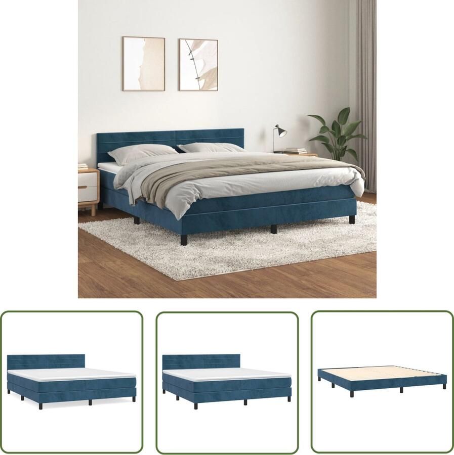 The Living Store Boxspringbed Zacht fluweel Praktisch hoofdbord Pocketvering matras Middelharde ondersteuning Huidvriendelijk topmatras Donkerblauw 203x160x78 88 cm