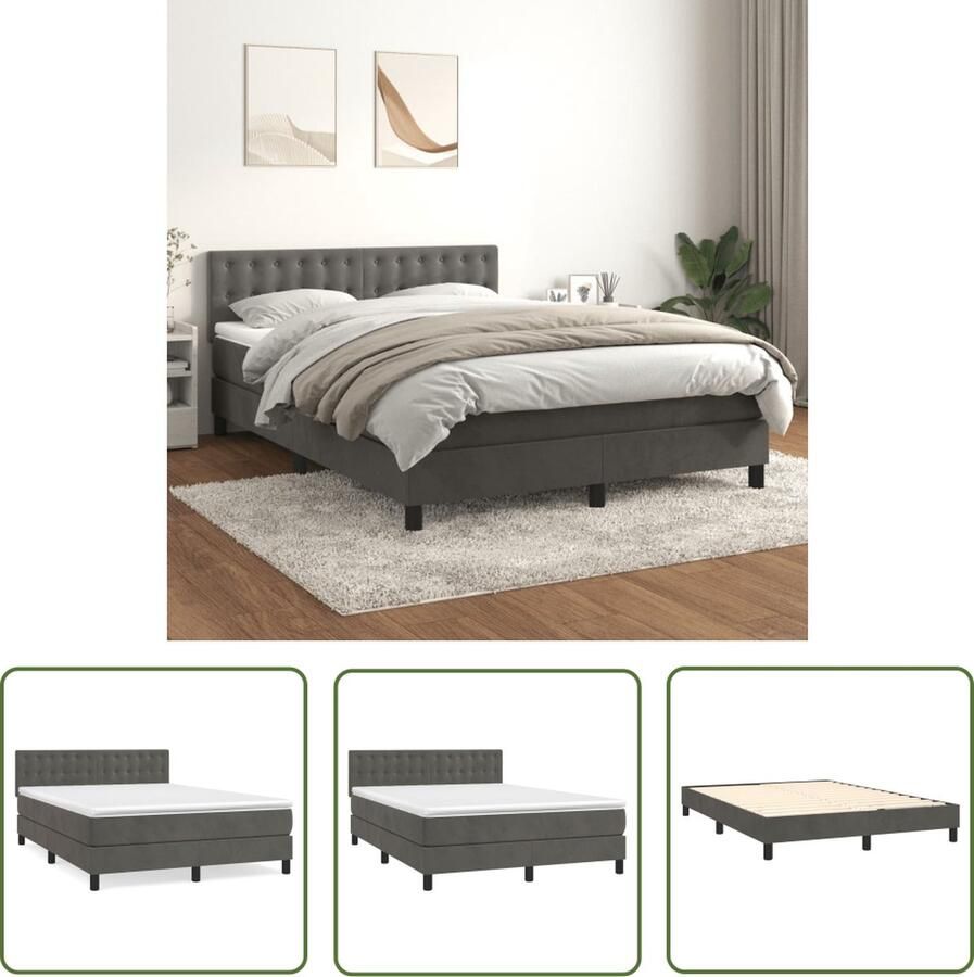 The Living Store Boxspringbed Zacht fluweel Praktisch hoofdbord Pocketvering matras Middelharde ondersteuning Huidvriendelijk topmatras Kleur donkergrijs Afmetingen 193 x 144 x 78 88 cm