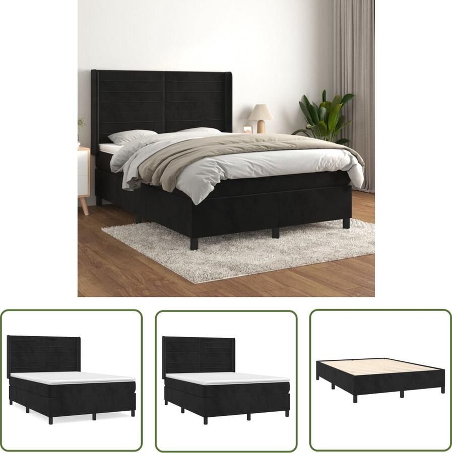 The Living Store Boxspringbed Zwart fluwelen bedframe Pocketvering matras Huidvriendelijk topmatras 203 x 147 x 118 128 cm Boxspringbed Zwarte Boxspring Velvet Bed Frame Tweepersoons Bed King Size Bed - Foto 2