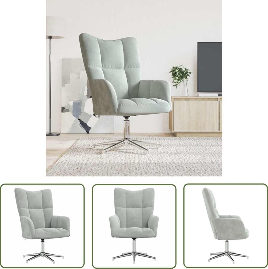 The Living Store Relaxstoel Velvet Lichtgrijs 62 x 68 x 91 cm 360 graden draaibaar Staal Relaxstoel Velvet Grijs Lounge Chair Fauteuils
