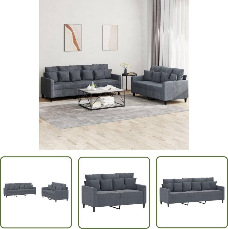 The Living Store Loungeset Fluweel Zitbank Donkergrijs 2-Zits 3-Zits Comfortabele Zitting Loungeset Velvet Sofa Donkere Grijze Bank 2 Persoons Bank 3 Persoons Bank
