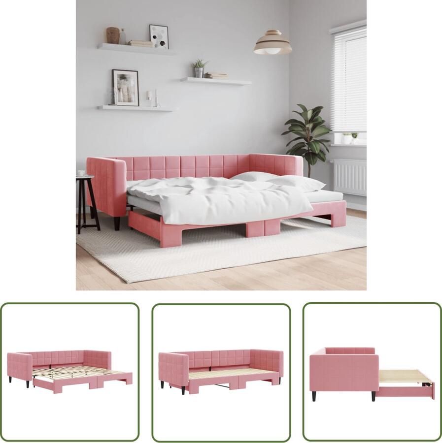 The Living Store Slaapbank met onderschuifbed 90x200 cm fluweel roze Slaapbank Velvet Sofa Tweepersoonsbed Kanapé-lit Rozerood Meubilair