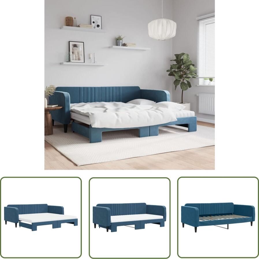 The Living Store Slaapbank onderschuifbed en matrassen 100x200 cm fluweel blauw Slaapbank Velvet Sofa Tweepersoonsbed Kanapé Lit Boxspring