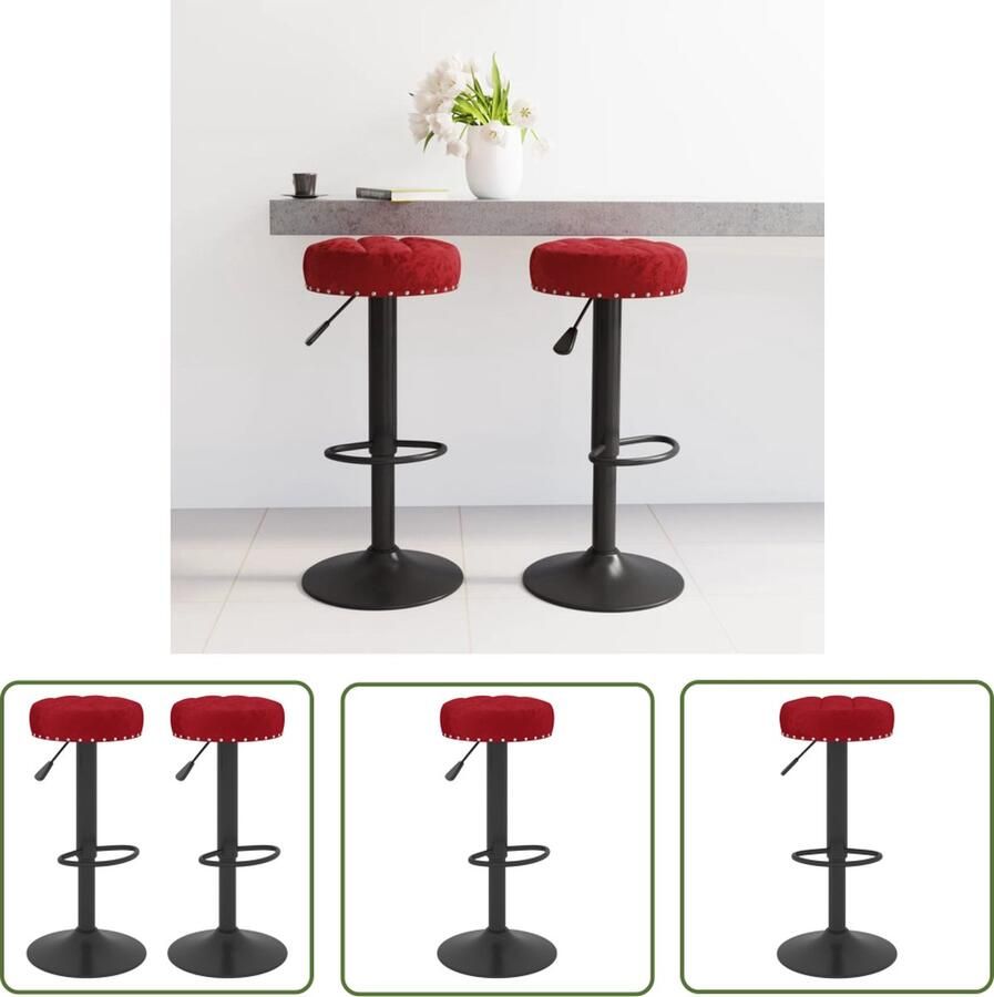 The Living Store Barkrukken Velvet 38.5 x 38.5 x (63 83) cm Gasveer Voetensteun 2 Stuks Barstoel Velvet Stoel Rode Barkruk Eetkamerstoel Lounge Stoel