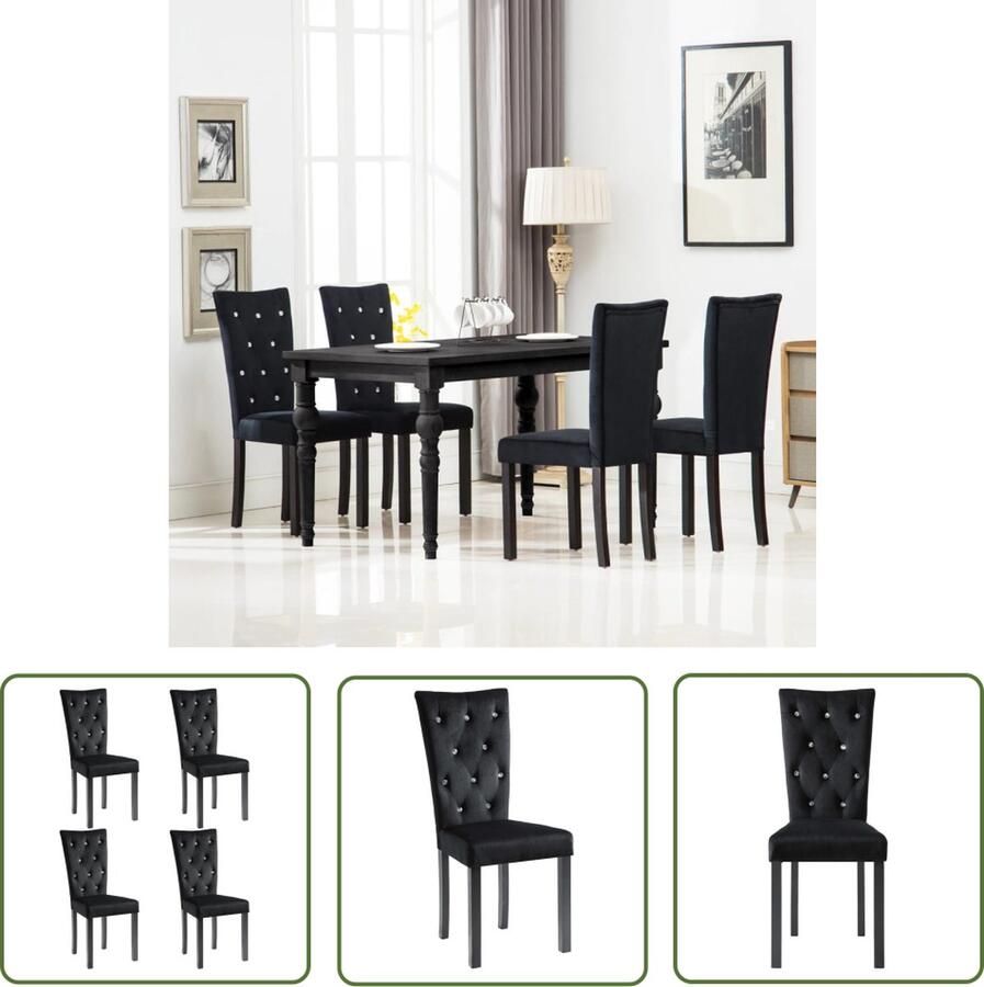 The Living Store Eetkamerstoelen Fluweel Kristalvormige knopen Stevig houten frame 43x51x98cm Zwart Eetkamerstoelen Velvet Stoelen Zwarte Stoelen Moderne Stoelen Design Stoelen - Foto 2