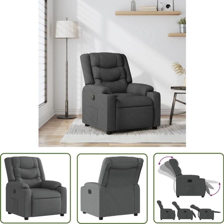 The Living Store Fauteuil verstelbaar stof donkergrijs Verstelbare Fauteuil Lounge Stoel Relaxfauteuil Lederlook Fauteuil Comfortstoel
