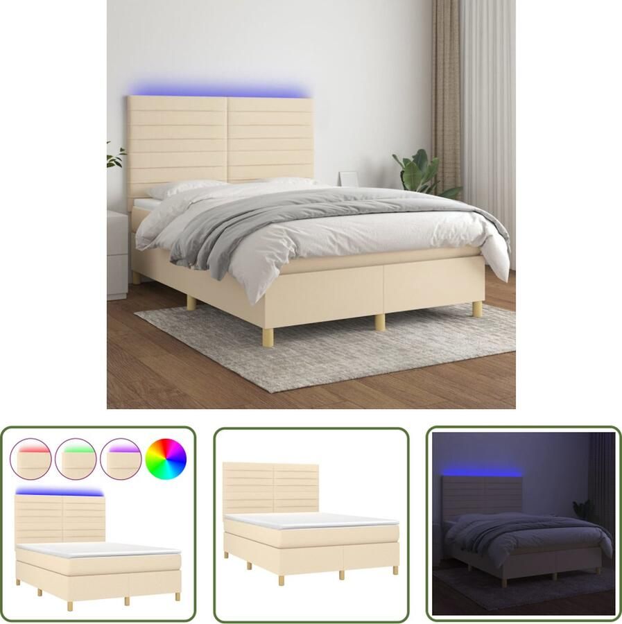 The Living Store Boxspring met matras en LED stof crèmekleurig 140x190 cm Boxspring Bed Verstelbare Hoofdbord Led Verlichting Pocketveer Matras Creme Kleurtje