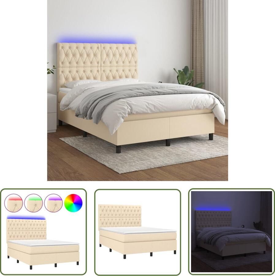 The Living Store Boxspring Bed Crème 193 x 144 cm Verstelbaar hoofdbord Kleurrijke LED-verlichting Pocketvering matras Huidvriendelijk topmatras Inclusief montagehandleiding en LED-strips