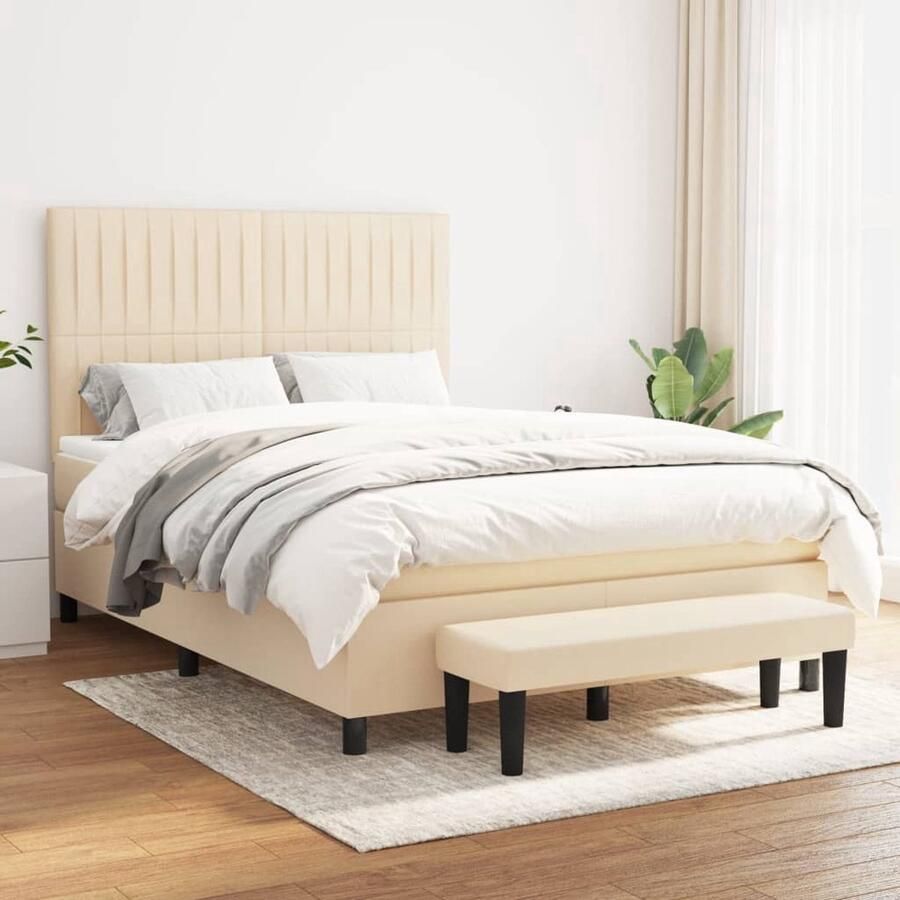 The Living Store Boxspring met matras stof crèmekleurig 140x200 cm Boxspringbed Verstelbare Hoofdbord Creme Kleur Pocketvering 140x200 Cm