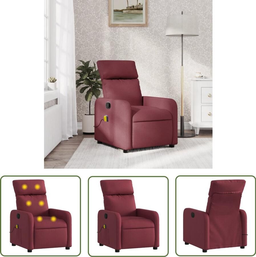 The Living Store Massagestoel verstelbaar stof wijnrood Massagestoel Lounge Stoel Relaxstoel Elektrische Massage Trillingmassage