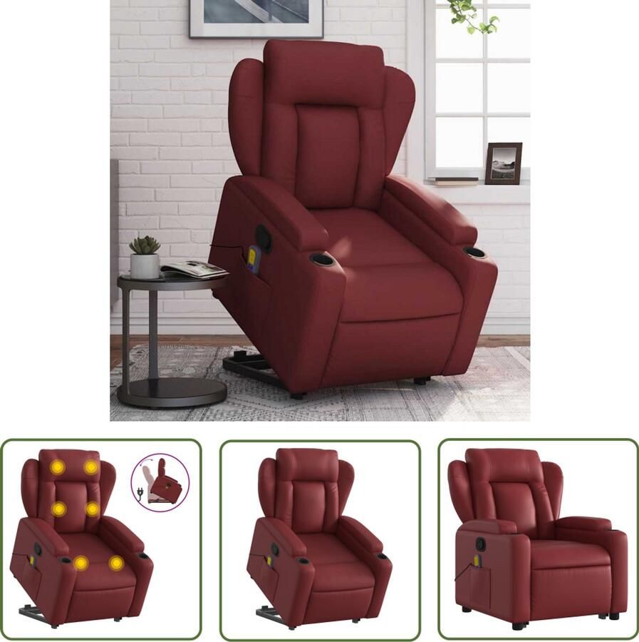 The Living Store Sta-op-massagestoel verstelbaar kunstleer wijnrood Sta-op-stoel Massagestoel Elektrisch Bediend Ergonomische Stoel Lounge Stoel