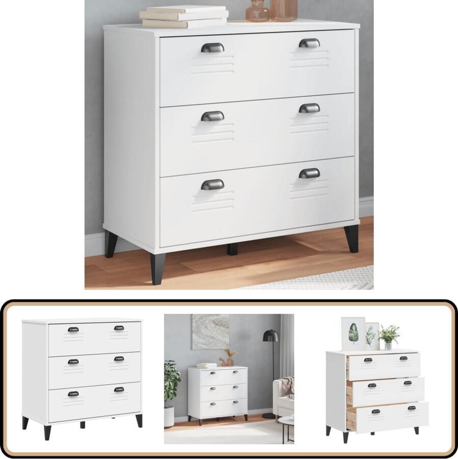 VidaXL VIKEN Ladekast Wit Bewerkt Hout 3 Lades Ladekast Ladekasten Kast Opbergkast