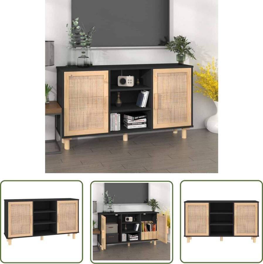 The Living Store Dressoir 105x30x60 cm massief grenen hout en rattan zwart Dressoir Zwarte Dressoirs Salontafel Tv-stand Opbergkasten