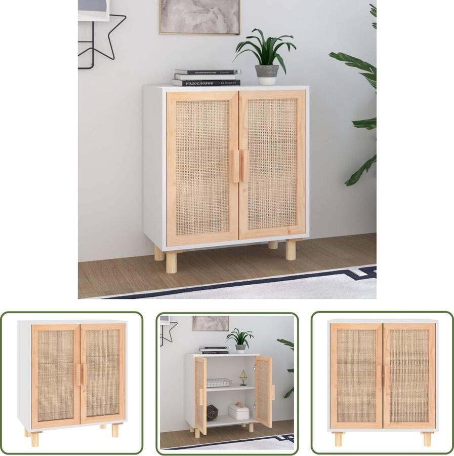 The Living Store Dressoir 60x30x70 cm massief grenenhout en rattan wit Dressoir Opbergkast Salontafel Woonaccessoires Vintage