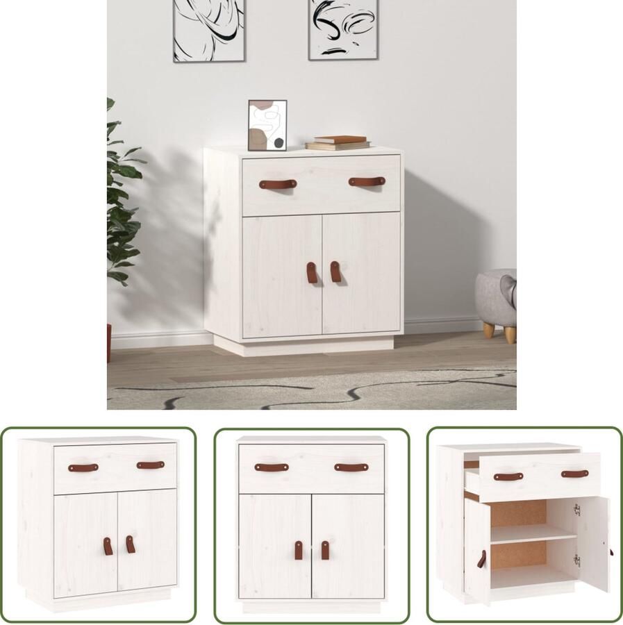 The Living Store Dressoir 65 5x40x75 cm massief grenenhout wit Dressoir Opbergkast Grenenhouten Meubels Witte Kast Vintage Stijl