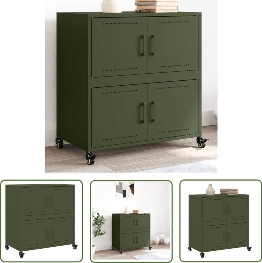 The Living Store Dressoir 68x39x72 cm staal olijfgroen Dressoir Vintage Dressoir Industriële Dressoir Metalen Dressoir Olijfgroene Dressoir