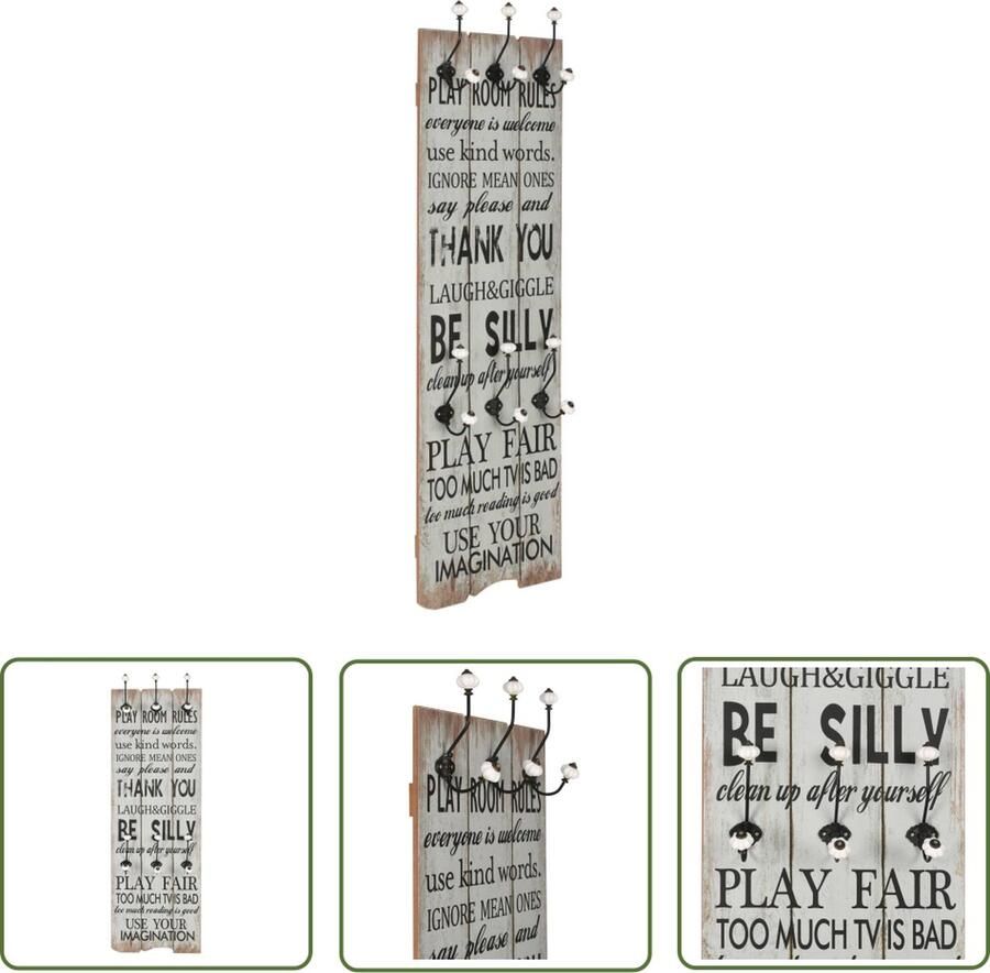 The Living Store Kapstok Vintage Play Room Rules 40x120cm MDF en metaal Wandkapstok Vintage Kapstok Mdf Kapstok Houten Kapstok Multifunctionele Kapstok