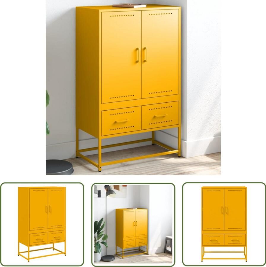 The Living Store Hoge kast 68x39x111 5 cm staal mosterdgeel Hoge Kast Staalkast Opbergkast Mustard Yellow Furniture Vintage Style Kast