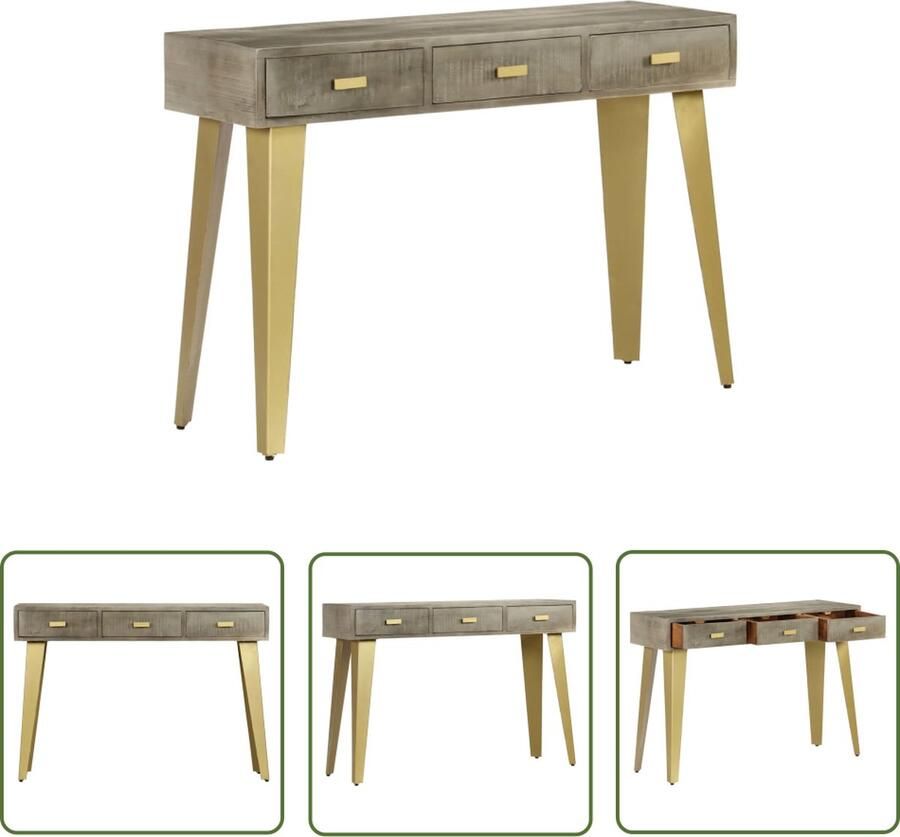 The Living Store Wandtafel 110x35x76 cm massief mangohout met messing grijs Wandtafel Vintage Kast Salontafel Mangohouten Tafel Entreetafel - Foto 2