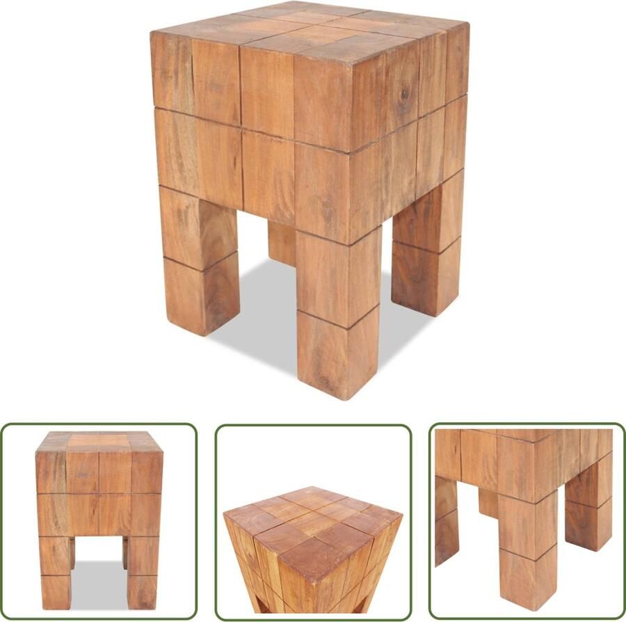 The Living Store Kruk Massief Gerecycled Hout 28 x 28 x 40 cm Handgemaakt Houten Kruk Vintage Kruk Handmade Kruk Acacia Kruk Bruine Kruk