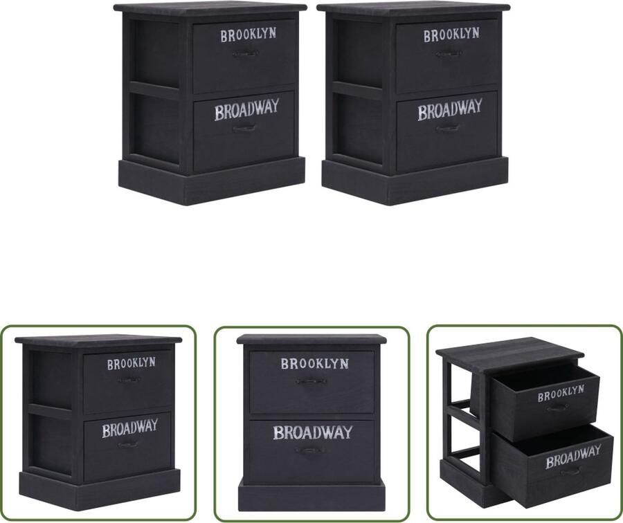 The Living Store Nachtkastjes Vintage Zwart 38 x 28 x 45 cm Sterk paulowniahout 2 lades Nachtkastjes Vintage Meubilair Houten Nachtkastjes Paulownia Hout Zwarte Nachtkastjes - Foto 2